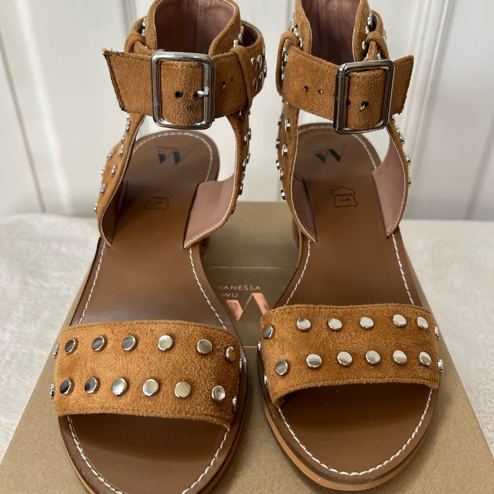 Vanessa Wu Camel Suede Studded Heels